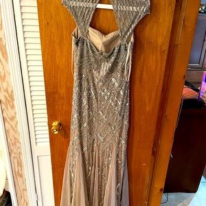 Adriana Papell beaded cap sleeve silver gown
